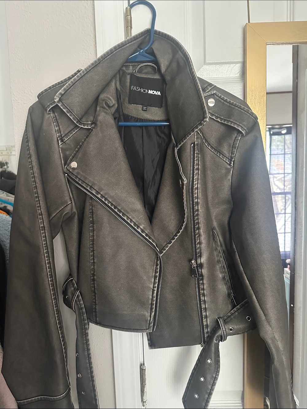Fashion Nova Black Faux Leather Moto Jacket with Belted Waist